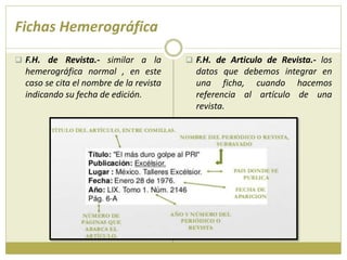 Fichas Hemerográfica
 F.H. de Revista.- similar a la
hemerográfica normal , en este
caso se cita el nombre de la revista
indicando su fecha de edición.
 F.H. de Articulo de Revista.- los
datos que debemos integrar en
una ficha, cuando hacemos
referencia al artículo de una
revista.
 