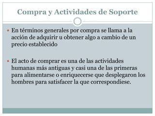 Compra y Actividades de SoporteEn términos generales por compra se llama a la acción de adquirir u obtener algo a cambio de un precio establecidoEl acto de comprar es una de las actividades humanas más antiguas y casi una de las primeras para alimentarse o enriquecerse que desplegaron los hombres para satisfacer la que correspondiese. 