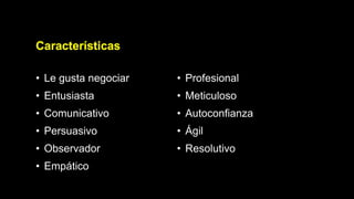 Características
• Le gusta negociar
• Entusiasta
• Comunicativo
• Persuasivo
• Observador
• Empático
• Profesional
• Meticuloso
• Autoconfianza
• Ágil
• Resolutivo
 