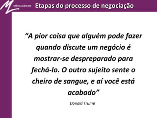 Mônica Liberato
Etapas do processo de negociaçãoEtapas do processo de negociação
“A pior coisa que alguém pode fazer
quando discute um negócio é
mostrar-se despreparado para
fechá-lo. O outro sujeito sente o
cheiro de sangue, e aí você está
acabado”
Donald Trump
 