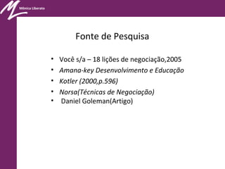 Mônica Liberato
Fonte de Pesquisa
• Você s/a – 18 lições de negociação,2005
• Amana-key Desenvolvimento e Educação
• Kotler (2000,p.596)
• Norsa(Técnicas de Negociação)
• Daniel Goleman(Artigo)
 