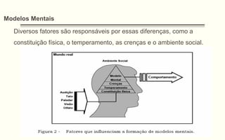 Modelos Mentais
Diversos fatores são responsáveis por essas diferenças, como a
constituição física, o temperamento, as crenças e o ambiente social.
 