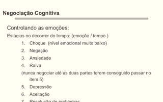 Negociação Cognitiva
Controlando as emoções:
Estágios no decorrer do tempo: (emoção / tempo )
1. Choque (nível emocional muito baixo)
2. Negação
3. Ansiedade
4. Raiva
(nunca negociar até as duas partes terem conseguido passar no
item 5)
5. Depressão
6. Aceitação
 