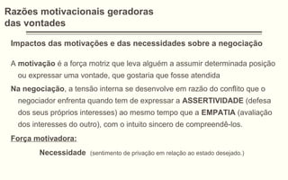 Razões motivacionais geradoras
das vontades
Impactos das motivações e das necessidades sobre a negociação
A motivação é a força motriz que leva alguém a assumir determinada posição
ou expressar uma vontade, que gostaria que fosse atendida
Na negociação, a tensão interna se desenvolve em razão do conflito que o
negociador enfrenta quando tem de expressar a ASSERTIVIDADE (defesa
dos seus próprios interesses) ao mesmo tempo que a EMPATIA (avaliação
dos interesses do outro), com o intuito sincero de compreendê-los.
Força motivadora:
Necessidade (sentimento de privação em relação ao estado desejado.)
 