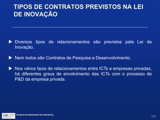 TIPOS DE CONTRATOS PREVISTOS NA
LEI DE INOVAÇÃO
A Emenda Constitucional nº 85/2015 alterou
alguns artigos da Constituição de 1988:
Art. 219. (...)
Parágrafo único. O Estado estimulará a formação e o fortalecimento
da inovação nas empresas, bem como nos demais entes, públicos ou
privados, a constituição e a manutenção de parques e polos
tecnológicos e de demais ambientes promotores da inovação, a
atuação dos inventores independentes e a criação, absorção, difusão
e transferência de tecnologia.
TÉCNICAS DE NEGOCIAÇÃO DE CONTRATOS.
113
© Copyright - todos os direitosreservados
 