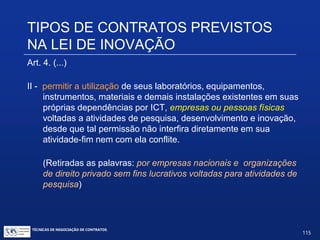 Simples aluguel das instalações, sem qualquer obrigação de co-
titularidade nos resultados das pesquisas.
Art. 4º: A ICT pública poderá, mediante contrapartida financeira ou
não financeira e por prazo determinado, nos termos de contrato ou
convênio:
I – compartilhar seus laboratórios, equipamentos, instrumentos,
materiais e demais instalações com ICT ou empresas em ações
voltadas à inovação tecnológica para consecução das atividades de
incubação, sem prejuízo de sua atividade finalística;
TIPOS DE CONTRATOS PREVISTOS NA LEI
DE INOVAÇÃO
TÉCNICAS DE NEGOCIAÇÃO DE CONTRATOS.
115
© Copyright - todos os direitosreservados
 