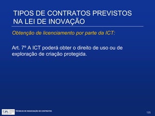 TIPOS DE CONTRATOS PREVISTOS NA
LEI DE INOVAÇÃO
Criação desenvolvida pela ICT:
Art. 6º. É facultado à ICT pública celebrar contrato de transferênciade
tecnologia e de licenciamento para outorga de direito de uso ou de
exploração de criação por ela desenvolvida isoladamente ou por meio
de parceria.
§ 1º.A contratação com cláusula de exclusividade, para os fins de que
trata o caput, deve ser precedida da publicação de extrato da oferta
tecnológica em sítio eletrônico oficial da ICT, na forma estabelecida em
sua política de inovação.
§ 1º-A. Nos casos de desenvolvimento conjunto com empresa, essa
poderá ser contratada com cláusula de exclusividade, dispensada a
oferta pública, devendo ser estabelecida em convênio ou contrato a
forma de remuneração.
TÉCNICAS DE NEGOCIAÇÃO DE CONTRATOS.
135
© Copyright - todos os direitosreservados
 