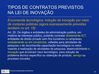 TIPOS DE CONTRATOS PREVISTOS
NA LEI DE INOVAÇÃO
Obtenção de licenciamento por parte da ICT:
Art. 7º A ICT poderá obter o direito de uso ou de
exploração de criação protegida.
TÉCNICAS DE NEGOCIAÇÃO DE CONTRATOS.
136
© Copyright - todos os direitosreservados
 