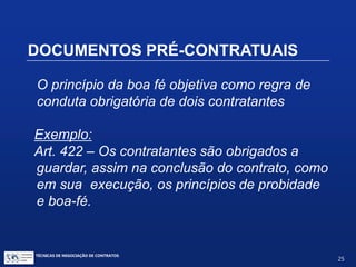 TÉCNICAS DE NEGOCIAÇÃO DE CONTRATOS.
25
DOCUMENTOS PRÉ-CONTRATUAIS
Responsabilidade Pré-Contratual
Aplicação dos Princípios
da Boa-Fé Objetiva
da Responsabilidade
Patrimonial
 