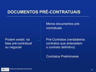 TÉCNICAS DE NEGOCIAÇÃO DE CONTRATOS.
29
DOCUMENTOS PRÉ-CONTRATUAIS
 “Term sheets”
 Memorandos de entendimento
 Minutas
 Protocolos ou Cartas de intenções
 Acordos prévios de sigilo
 Acordos prévios de exclusividade
 “Bullet Points” / Punctação
 Atas de Reuniões
 