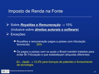 TÉCNICAS DE NEGOCIAÇÃO DE CONTRATOS.
45
GESTÃO DO CONTRATO
Definição de termos
Royalties pagamentos por licenciamento de marcas,
patentes e direitos autorais (inclusive
software)
Remuneração todos os demais pagamentos e
despesas relativos a aquisição de
tecnologia,“know-how”(não-
patenteados), serviços técnicos e
não técnicos e assistência técnica.
 