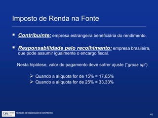 TÉCNICAS DE NEGOCIAÇÃO DE CONTRATOS.
46
Imposto de Renda na Fonte
 Sobre Royalties e Remuneração  15%
(inclusive sobre direitos autorais e software)
 Exceções:
Royalties e remuneração pagos a países com tributação
favorecida: 25%
Os pagos a países com os quais o Brasil mantém tratados para
evitar Bi-Tributação e que estabeleçam alíquotas diferentes:
Ex.: Japão  12,5% para licenças de patentes e fornecimento
de tecnologia.
 