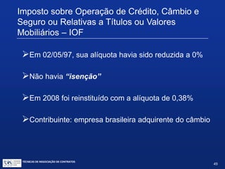 TÉCNICAS DE NEGOCIAÇÃO DE CONTRATOS.
49
Imposto de Renda na Fonte
Tratados para Evitar a Bitributação assinados pelo Brasil:
África do Sul
Alemanha
(sem efeito desde
1º/01/2006)
Argentina
Áustria
Bélgica
Canadá
Chile
China
Coréia do Sul
Dinamarca
Equador
Espanha
Filipinas
Finlândia
França
Hungria
Índia
Israel
Itália
Japão
Luxemburgo
México
Noruega
Países Baixos
Peru
Portugal
República Eslovaca
República Tcheca
Suécia
Ucrânia
 