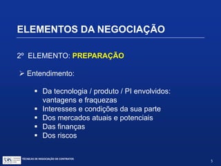 ELEMENTOS DA NEGOCIAÇÃO
1º ELEMENTO: DUE DILIGENCE
 Coleta de informações e avaliação:
 Sobre o potencial licenciante (tecnologia / avaliação)
 Sobre o potencial licenciado (necessidade / aspiração)
TÉCNICAS DE NEGOCIAÇÃO DE CONTRATOS.
5
© Copyright - todos os direitosreservados
 