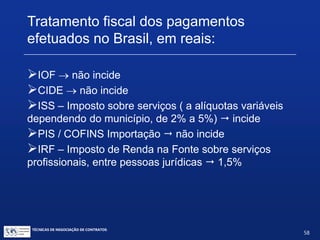 TÉCNICAS DE NEGOCIAÇÃO DE CONTRATOS.
58
Programas de Integração Social – PIS
Contribuição Social para o Financiamento da
Seguridade Social – COFINS Importação
Fato gerador: o pagamento, crédito, a entrega, o emprego ou a
remessa de valores a residentes ou domiciliados no exterior como
contraprestação por serviço prestado.
Contribuinte é a pessoa física ou jurídica contratante de serviços
de residente ou domiciliado no exterior.
Alíquota: 1,65% para o PIS/PASEP-Importação e 7,6% para a
COFINS-Importação.
Crédito: bens e serviços utilizados como insumo na prestação de
serviços e na produção ou fabricação de bens ou produtos
destinados à venda, inclusive combustível e lubrificantes.
 