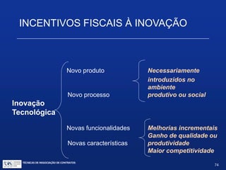 INCENTIVOS FISCAIS À INOVAÇÃO
Definição de inovação pela Lei 11.196/ 2005 (Lei do Bem):
Art. 17 (...)
§ 1º - Considera-se inovação tecnológica a concepção
de novo produto ou processo de fabricação, bem como
a agregação de novas funcionalidades ou
características ao produto ou processo que implique
melhorias incrementais e efetivo ganho de qualidade ou
produtividade, resultando maior competitividade no
mercado.
TÉCNICAS DE NEGOCIAÇÃO DE CONTRATOS.
74
© Copyright - todos os direitosreservados
 
