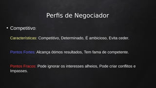 Perfis de Negociador
●
Competitivo:
Características: Competitivo, Determinado, É ambicioso, Evita ceder.
Pontos Fortes: Alcança ótimos resultados, Tem fama de competente.
Pontos Fracos: Pode ignorar os interesses alheios, Pode criar conflitos e
Impasses.
 
