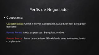 Perfis de Negociador
●
Cooperante:
Características: Gentil, Flexível, Cooperante, Evita dizer não, Evita pedir
desconto.
Pontos Fortes: Ajuda as pessoas, Benquisto, Amável.
Pontos Fracos: Fama de submisso, Não defende seus interesses, Muito
complacente.
 