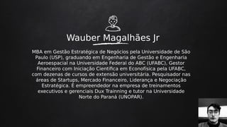Wauber Magalhães Jr
MBA em Gestão Estratégica de Negócios pela Universidade de São
Paulo (USP), graduando em Engenharia de Gestão e Engenharia
Aeroespacial na Universidade Federal do ABC (UFABC), Gestor
Financeiro com Iniciação Cientifica em Econofísica pela UFABC,
com dezenas de cursos de extensão universitária. Pesquisador nas
áreas de Startups, Mercado Financeiro, Liderança e Negociação
Estratégica. É empreendedor na empresa de treinamentos
executivos e gerenciais Dux Trainning e tutor na Universidade
Norte do Paraná (UNOPAR).
 