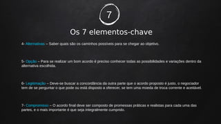 Os 7 elementos-chave
4- Alternativas – Saber quais são os caminhos possíveis para se chegar ao objetivo.
5- Opção – Para se realizar um bom acordo é preciso conhecer todas as possibilidades e variações dentro da
alternativa escolhida.
6- Legitimação – Deve-se buscar a concordância da outra parte que o acordo proposto é justo, o negociador
tem de se perguntar o que pode ou está disposto a oferecer, se tem uma moeda de troca corrente e aceitável.
7- Compromisso – O acordo final deve ser composto de promessas práticas e realistas para cada uma das
partes, e o mais importante é que seja integralmente cumprido.
7
 