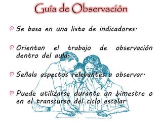Guía de Observación
Se basa en una lista de indicadores.
Orientan el trabajo de observación
dentro del aula.
Señala aspectos relevantes a observar.
Puede utilizarse durante un bimestre o
en el transcurso del ciclo escolar.
 