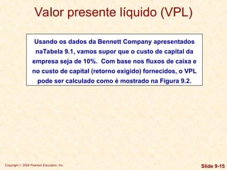 Copyright © 2004 Pearson Education, Inc. Slide 9-15
Usando os dados da Bennett Company apresentados
naTabela 9.1, vamos supor que o custo de capital da
empresa seja de 10%. Com base nos fluxos de caixa e
no custo de capital (retorno exigido) fornecidos, o VPL
pode ser calculado como é mostrado na Figura 9.2.
Valor presente líquido (VPL)
 