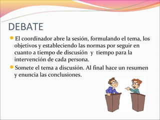 DEBATE
El coordinador abre la sesión, formulando el tema, los
 objetivos y estableciendo las normas por seguir en
 cuanto a tiempo de discusión y tiempo para la
 intervención de cada persona.
Somete el tema a discusión. Al final hace un resumen
 y enuncia las conclusiones.
 