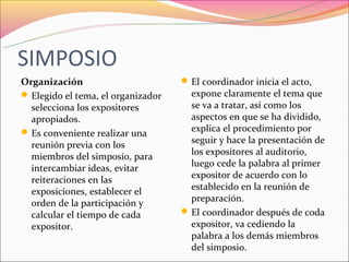 SIMPOSIO
Organización                         El coordinador inicia el acto,
 Elegido el tema, el organizador     expone claramente el tema que
  selecciona los expositores          se va a tratar, así como los
  apropiados.                         aspectos en que se ha dividido,
 Es conveniente realizar una         explica el procedimiento por
                                      seguir y hace la presentación de
  reunión previa con los
                                      los expositores al auditorio,
  miembros del simposio, para
                                      luego cede la palabra al primer
  intercambiar ideas, evitar
                                      expositor de acuerdo con lo
  reiteraciones en las
  exposiciones, establecer el         establecido en la reunión de
  orden de la participación y         preparación.
  calcular el tiempo de cada         El coordinador después de coda
  expositor.                          expositor, va cediendo la
                                      palabra a los demás miembros
                                      del simposio.
 