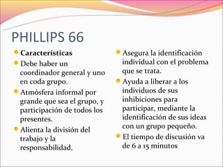 PHILLIPS 66
Características              Asegura la identificación
Debe haber un                 individual con el problema
 coordinador general y uno     que se trata.
 en coda grupo.               Ayuda a liberar a los
Atmósfera informal por        individuos de sus
 grande que sea el grupo, y    inhibiciones para
 participación de todos los    participar, mediante la
 presentes.                    identificación de sus ideas
Alienta la división del       con un grupo pequeño.
 trabajo y la                 El tiempo de discusión va
 responsabilidad.              de 6 a 15 minutos
 