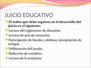 JUICIO EDUCATIVO
El orden que debe seguirse en el desarrollo del
 juicio es el siguiente:
Lectura del reglamento de discusión.
Lectura de acta de acusación.
Participación de fiscales y defensa; interpelación de
 testigos.
Deliberación del jurado.
Redacción de veredicto.
Lectura de la sentencia.
 