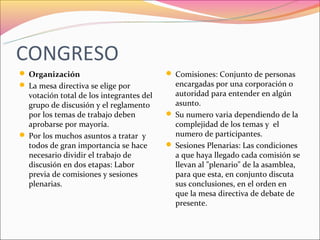 CONGRESO
 Organización                             Comisiones: Conjunto de personas
 La mesa directiva se elige por            encargadas por una corporación o
  votación total de los integrantes del     autoridad para entender en algún
  grupo de discusión y el reglamento        asunto.
  por los temas de trabajo deben           Su numero varia dependiendo de la
  aprobarse por mayoría.                    complejidad de los temas y el
 Por los muchos asuntos a tratar y         numero de participantes.
  todos de gran importancia se hace        Sesiones Plenarias: Las condiciones
  necesario dividir el trabajo de           a que haya llegado cada comisión se
  discusión en dos etapas: Labor            llevan al "plenario" de la asamblea,
  previa de comisiones y sesiones           para que esta, en conjunto discuta
  plenarias.                                sus conclusiones, en el orden en
                                            que la mesa directiva de debate de
                                            presente.
 