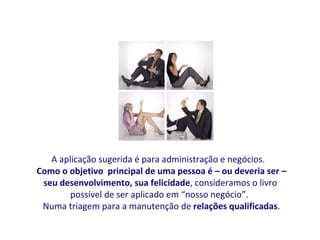 A aplicação sugerida é para administração e negócios.
Como o objetivo principal de uma pessoa é – ou deveria ser –
 seu desenvolvimento, sua felicidade, consideramos o livro
        possível de ser aplicado em “nosso negócio”.
 Numa triagem para a manutenção de relações qualificadas.
 
