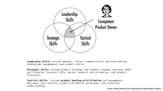Leadership skills include empathy, vision, communication, decision-making,
stakeholder management, and product ethics
Strategic skills include product strategy and product roadmap, business model
and financial forecast, KPIs, market research and validation, and product
discovery;
Tactical skills, include product backlog prioritisation and management,
personas, user stories, product validation techniques, and technical
understanding.
https://www.romanpichler.com/blog/one-page-product-owner/
 