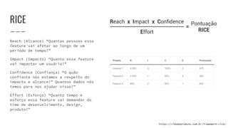 Reach (Alcance) “Quantas pessoas essa
feature vai afetar ao longo de um
periodo de tempo?”
Impact (Impacto) “Quanto essa feature
vai impactar um usuário?”
Confidence (Confiança) “O quão
confiante nós estamos a respeito do
impacto e alcance?” Quantos dados nós
temos para nos ajudar nisso?”
Effort (Esforço) “Quanto tempo e
esforço essa feature vai demandar do
time de desenvolvimento, design,
produto?”
RICE
https://vidadeproduto.com.br/framework-rice/
 