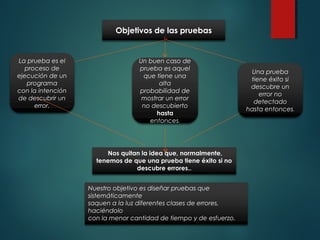 Objetivos de las pruebas
La prueba es el
proceso de
ejecución de un
programa
con la intención
de descubrir un
error.
Nuestro objetivo es diseñar pruebas que
sistemáticamente
saquen a la luz diferentes clases de errores,
haciéndolo
con la menor cantidad de tiempo y de esfuerzo.
Una prueba
tiene éxito si
descubre un
error no
detectado
hasta entonces.
Nos quitan la idea que, normalmente,
tenemos de que una prueba tiene éxito si no
descubre errores..
Un buen caso de
prueba es aquel
que tiene una
alta
probabilidad de
mostrar un error
no descubierto
hasta
entonces.
 