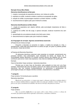www.resumosconcursos.hpg.com.br

Narração Versus Mero Relato
Elementos Identificadores da Narração
1 - criação e manutenção de expectativa de leitura, com índices do conflito;
2 - explosão do conflito, revelando unidade e coerência na progressão de ações;
3 - solução do conflito: as personagens resolvem ou tentam resolver, o conflito;
4 - reconhecimento do objetivo pelo qual a história foi contada.


Elementos Identificadores do Mero Relato
1 - criação de expectativa sem objetivo definido, pela acumulação inexpressiva de fatos e
caracterizações;
2 - ausência de conflito: ele não surge, é apenas insinuado, revela-se incoerente e/ou sem
unidade;
3 - apresentação de uma pretensa solução como fecho para o texto;
4 - desconhecimento do objetivo pelo qual a história foi relatada.


d) A linguagem da narração: algumas características essenciais
!   Predomínio de Verbos de Ação
        Enquanto a descrição se concentra no objeto, a matéria da narração é o fato, o
acontecimento, razão pela qual predominam os verbos de ação, em geral no pretérito perfeito
do indicativo, nesse tipo de texto.


!   Presença de Elementos Descritivos
        Os elementos descritivos costumam estar presentes na narração, caracterizando seu
processo narrativo, seus personagens, suas marcações de tempo, de espaço etc. A
funcionalidade desses elementos no contexto narrativo decorre dos detalhes com os quais
contribuem para tornar o texto mais expressivo, mais cheio de vitalidade e de significação.
Exemplo:
Caso de Secretária: frases narrativas + elementos descritivos
         Perceba que no texto Caso de Secretária, cada parágrafo se inicia com uma frase
narrativa, responsável pelo ritmo da história, sendo em seu interior enriquecido por elementos
descritivos, que nos mostram fundamentalmente os sentimentos e pensamentos do
personagem principal, em relação à família e também, crescentemente, à secretária.

 o
1 parágrafo
Frase narrativa: Foi trombudo para o escritório.
Elementos descritivos:
         Era dia de seu aniversário, e a esposa nem sequer o abraçara, não fizera a mínima alusão à
data. As crianças também tinham se esquecido. Então era assim que a família o tratava? Ele que vivia
para os seus, que se arrebentava de trabalhar, não merecer um beijo, uma palavra ao menos!

 o
2 parágrafo
Frase narrativa:
         Mas, no escritório, havia flores à sua espera, sobre a mesa. Havia o sorriso e o abraço da
secretária, que poderia muito bem ter ignorado o aniversário, e entretanto o lembrara.


Elementos descritivos:



                                                19
 