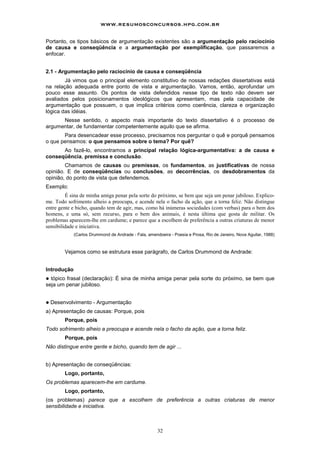 www.resumosconcursos.hpg.com.br

Portanto, os tipos básicos de argumentação existentes são a argumentação pelo raciocínio
de causa e conseqüência e a argumentação por exemplificação, que passaremos a
enfocar.


2.1 - Argumentação pelo raciocínio de causa e conseqüência
        Já vimos que o principal elemento constitutivo de nossas redações dissertativas está
na relação adequada entre ponto de vista e argumentação. Vamos, então, aprofundar um
pouco esse assunto. Os pontos de vista defendidos nesse tipo de texto não devem ser
avaliados pelos posicionamentos ideológicos que apresentam, mas pela capacidade de
argumentação que possuem, o que implica critérios como coerência, clareza e organização
lógica das idéias.
      Nesse sentido, o aspecto mais importante do texto dissertativo é o processo de
argumentar, de fundamentar competentemente aquilo que se afirma.
       Para desencadear esse processo, precisamos nos perguntar o quê e porquê pensamos
o que pensamos: o que pensamos sobre o tema? Por quê?
      Ao fazê-lo, encontramos a principal relação lógica-argumentativa: a de causa e
conseqüência, premissa e conclusão.
        Chamamos de causas ou premissas, os fundamentos, as justificativas de nossa
opinião. E de conseqüências ou conclusões, as decorrências, os desdobramentos da
opinião, do ponto de vista que defendemos.
Exemplo:
         É sina de minha amiga penar pela sorte do próximo, se bem que seja um penar jubiloso. Explico-
me. Todo sofrimento alheio a preocupa, e acende nela o facho da ação, que a torna feliz. Não distingue
entre gente e bicho, quando tem de agir, mas, como há inúmeras sociedades (com verbas) para o bem dos
homens, e uma só, sem recurso, para o bem dos animais, é nesta última que gosta de militar. Os
problemas aparecem-lhe em cardume; e parece que a escolhem de preferência a outras criaturas de menor
sensibilidade e iniciativa.
             (Carlos Drummond de Andrade - Fala, amendoeira - Poesia e Prosa, Rio de Janeiro, Nova Aguilar, 1988)



         Vejamos como se estrutura esse parágrafo, de Carlos Drummond de Andrade:


Introdução
! tópico frasal (declaração): É sina de minha amiga penar pela sorte do próximo, se bem que
seja um penar jubiloso.


!   Desenvolvimento - Argumentação
a) Apresentação de causas: Porque, pois
         Porque, pois
Todo sofrimento alheio a preocupa e acende nela o facho da ação, que a torna feliz.
         Porque, pois
Não distingue entre gente e bicho, quando tem de agir ...


b) Apresentação de conseqüências:
         Logo, portanto,
Os problemas aparecem-lhe em cardume.
         Logo, portanto,
(os problemas) parece que a escolhem de preferência a outras criaturas de menor
sensibilidade e iniciativa.



                                                      32
 