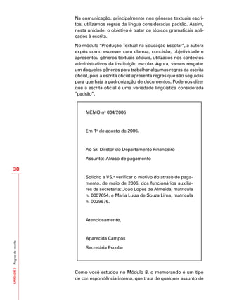 UNIDADE3–Regrasdaescrita
30
Na comunicação, principalmente nos gêneros textuais escri-
tos, utilizamos regras da língua consideradas padrão. Assim,
nesta unidade, o objetivo é tratar de tópicos gramaticais apli-
cados à escrita.
No módulo “Produção Textual na Educação Escolar”, a autora
expôs como escrever com clareza, concisão, objetividade e
apresentou gêneros textuais oficiais, utilizados nos contextos
administrativos da instituição escolar. Agora, vamos resgatar
um daqueles gêneros para trabalhar algumas regras da escrita
oficial, pois a escrita oficial apresenta regras que são seguidas
para que haja a padronização de documentos. Podemos dizer
que a escrita oficial é uma variedade lingüística considerada
“padrão”.
Como você estudou no Módulo 8, o memorando é um tipo
de correspondência interna, que trata de qualquer assunto de
MEMO no
034/2006
Em 1o
de agosto de 2006.
Ao Sr. Diretor do Departamento Financeiro
Assunto: Atraso de pagamento
Solicito a VS.a
verificar o motivo do atraso de paga-
mento, de maio de 2006, dos funcionários auxilia-
res de secretaria: João Lopes de Almeida, matrícula
n. 0007654, e Maria Luiza de Souza Lima, matrícula
n. 0029876.
	
Atenciosamente,
Aparecida Campos
Secretária Escolar
 