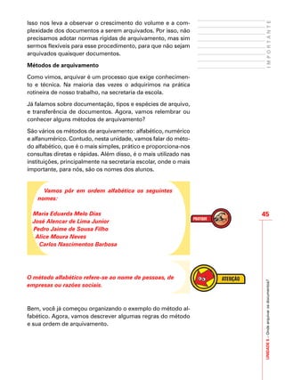 UNIDADE5–Ondearquivarosdocumentos?
45
IMPORTANTE
Isso nos leva a observar o crescimento do volume e a com-
plexidade dos documentos a serem arquivados. Por isso, não
precisamos adotar normas rígidas de arquivamento, mas sim
sermos flexíveis para esse procedimento, para que não sejam
arquivados quaisquer documentos.
Métodos de arquivamento
Como vimos, arquivar é um processo que exige conhecimen-
to e técnica. Na maioria das vezes o adquirimos na prática
rotineira de nosso trabalho, na secretaria da escola.
Já falamos sobre documentação, tipos e espécies de arquivo,
e transferência de documentos. Agora, vamos relembrar ou
conhecer alguns métodos de arquivamento?
São vários os métodos de arquivamento: alfabético, numérico
e alfanumérico. Contudo, nesta unidade, vamos falar do méto-
do alfabético, que é o mais simples, prático e proporciona-nos
consultas diretas e rápidas. Além disso, é o mais utilizado nas
instituições, principalmente na secretaria escolar, onde o mais
importante, para nós, são os nomes dos alunos.
Vamos pôr em ordem alfabética os seguintes
nomes:
Maria Eduarda Melo Dias
José Alencar de Lima Junior
Pedro Jaime de Sousa Filho
Alice Moura Neves
Carlos Nascimentos Barbosa
O método alfabético refere-se ao nome de pessoas, de
empresas ou razões sociais.
Bem, você já começou organizando o exemplo do método al-
fabético. Agora, vamos descrever algumas regras do método
e sua ordem de arquivamento.
 