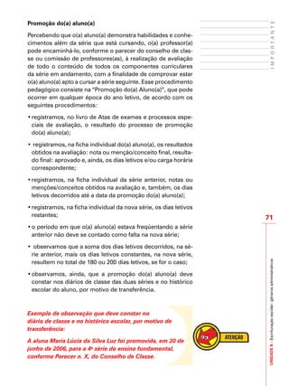 UNIDADE8–Escrituraçãoescolar:gênerosadministrativos
71
IMPORTANTE
Promoção do(a) aluno(a)
Percebendo que o(a) aluno(a) demonstra habilidades e conhe-
cimentos além da série que está cursando, o(a) professor(a)
pode encaminhá-lo, conforme o parecer do conselho de clas-
se ou comissão de professores(as), à realização de avaliação
de todo o conteúdo de todos os componentes curriculares
da série em andamento, com a finalidade de comprovar estar
o(a) aluno(a) apto a cursar a série seguinte. Esse procedimento
pedagógico consiste na “Promoção do(a) Aluno(a)”, que pode
ocorrer em qualquer época do ano letivo, de acordo com os
seguintes procedimentos:
•	registramos, no livro de Atas de exames e processos espe-
ciais de avaliação, o resultado do processo de promoção
do(a) aluno(a);
•	registramos, na ficha individual do(a) aluno(a), os resultados
obtidos na avaliação: nota ou menção/conceito final, resulta-
do final: aprovado e, ainda, os dias letivos e/ou carga horária
correspondente;
•	registramos, na ficha individual da série anterior, notas ou
menções/conceitos obtidos na avaliação e, também, os dias
letivos decorridos até a data da promoção do(a) aluno(a);
•	registramos, na ficha individual da nova série, os dias letivos
restantes;
•	o período em que o(a) aluno(a) estava freqüentando a série
anterior não deve se contado como falta na nova série;
•	observamos que a soma dos dias letivos decorridos, na sé-
rie anterior, mais os dias letivos constantes, na nova série,
resultem no total de 180 ou 200 dias letivos, se for o caso;
•	observamos, ainda, que a promoção do(a) aluno(a) deve
constar nos diários de classe das duas séries e no histórico
escolar do aluno, por motivo de transferência.
Exemplo de observação que deve constar no
diário de classe e no histórico escolar, por motivo de
transferência:
A aluna Maria Lúcia da Silva Luz foi promovida, em 20 de
junho de 2006, para a 4a
série do ensino fundamental,
conforme Parecer n. X, do Conselho de Classe.
 