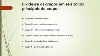 Divide-se os grupos em seis zonas
principais do corpo:
 Grupo M – mãos e braços;
 Grupo N – nuca, ombros e pescoço;
 Grupo O – olhos, sobrancelhas e testa;
 Grupo C – pescoço, língua, lábios, maxilares e boca;
 Grupo T – tronco (peito e abdômen);
 Grupo P – perna, pés e glúteos.
 