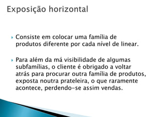  Consiste em colocar uma família de 
produtos diferente por cada nível de linear. 
 Para além da má visibilidade de algumas 
subfamílias, o cliente é obrigado a voltar 
atrás para procurar outra família de produtos, 
exposta noutra prateleira, o que raramente 
acontece, perdendo-se assim vendas. 
