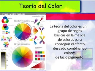 Teoría del Color


           La teoría del color es un
                grupo de reglas
              básicas en la mezcla
                 de colores para
               conseguir el efecto
             deseado combinando
                     colores
               de luz o pigmento.
 