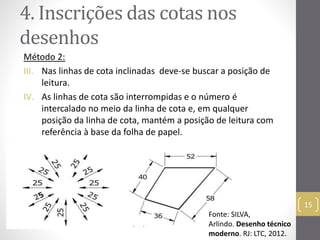 4. Inscrições das cotas nos 
desenhos 
Método 2: 
III. Nas linhas de cota inclinadas deve-se buscar a posição de 
leitura. 
IV. As linhas de cota são interrompidas e o número é 
intercalado no meio da linha de cota e, em qualquer 
posição da linha de cota, mantém a posição de leitura com 
referência à base da folha de papel. 
15 
Fonte: SILVA, 
Arlindo. Desenho técnico 
moderno. RJ: LTC, 2012. 
 