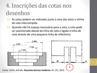 4. Inscrições das cotas nos 
desenhos 
11. As cotas podem ser indicadas junto a uma das setas e alinha 
de cota interrompida. 
12. Quando não há espaço necessário para a cota, a cota pode 
ser posicionada abaixo da linha de cota e ligada à linha de 
cota através de uma pequena linha de referência. 
17 
Fonte: SILVA, Arlindo. Desenho técnico moderno. RJ: LTC, 2012. 
 