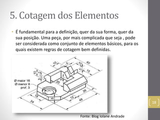5. Cotagemdos Elementos 
• É fundamental para a definição, quer da sua forma, quer da 
sua posição. Uma peça, por mais complicada que seja , pode 
ser considerada como conjunto de elementos básicos, para os 
quais existem regras de cotagem bem definidas. 
18 
Fonte: Blog Iolane Andrade 
 