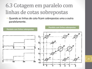 6.3 Cotagemem paralelo com 
linhas de cotas sobrepostas 
• Quando as linhas de cota ficam sobrepostas uma a outra 
paralelamente. 
25 
Paralelo com linhas sobrepostas 
Paralelo com linhas sobrepostas 
 