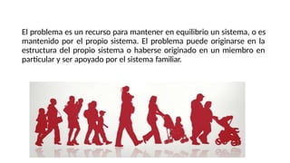 El problema es un recurso para mantener en equilibrio un sistema, o es
mantenido por el propio sistema. El problema puede originarse en la
estructura del propio sistema o haberse originado en un miembro en
particular y ser apoyado por el sistema familiar.
 