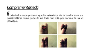 Complementarieda
d
El orientador debe procurar que los miembros de la familia vean sus
problemáticas como parte de un todo que está por encima de su yo
individual.
 