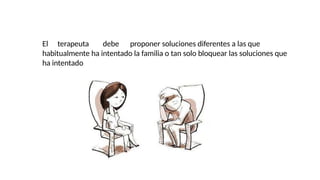 El terapeuta debe proponer soluciones diferentes a las que
habitualmente ha intentado la familia o tan solo bloquear las soluciones que
ha intentado
 
